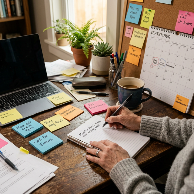 A messy desk filled with sticky notes and a distressed pet parent