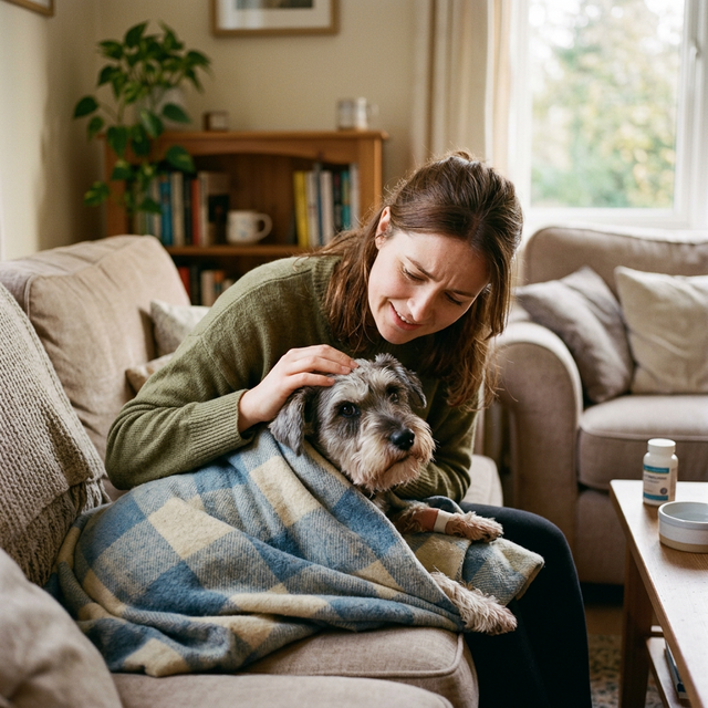 A concerned pet parent comforting their sick dog wrapped in a blanket